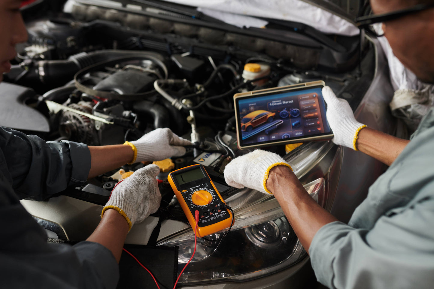 Two mechanics wearing white gloves work under the hood of a car, using a yellow multimeter and a tablet displaying diagnostic software.