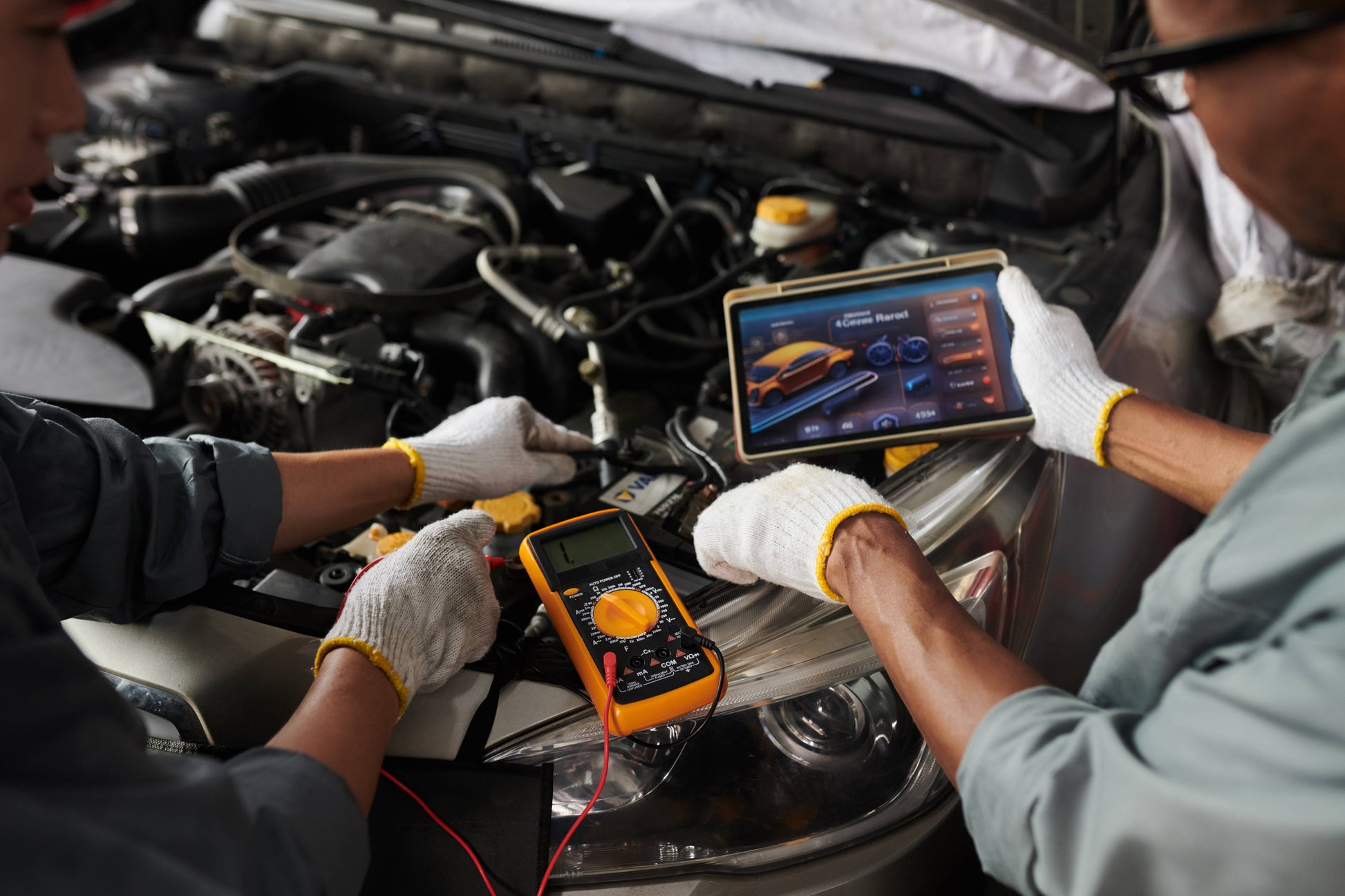 Two mechanics wearing white gloves work under the hood of a car, using a yellow multimeter and a tablet displaying diagnostic software.